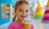 Young Caucasian girl with pigtails in pink shirt enjoying colorful ice cream cone with sprinkles, bright cheerful background shows birthday party setting, genuine smile shows joy.
