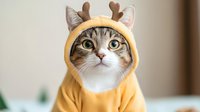 Adorable tabby cat wearing yellow reindeer costume with antlers, cute pet in festive holiday outfit for Christmas celebrations and seasonal greeting cards.
