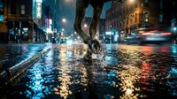 Runner's feet pounding wet urban street at night with neon city lights reflecting on pavement. Suitable for fitness, marathon, and athletic lifestyle content.