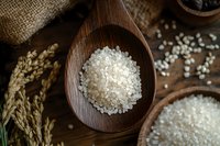 White rice grains in wooden spoon on rustic table with wheat ears and burlap, overhead view of traditional asian ingredients for cooking and food preparation.