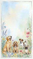 Watercolor dogs sitting in spring flower garden with soft pastel background for greeting cards, pet care designs and nature themed projects.