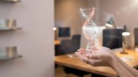 Hand holding glowing DNA helix model in modern laboratory setting, representing genetic research, biotechnology innovation, and scientific discovery in medical or pharmaceutical development.
