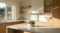 Young woman, Caucasian ethnicity, in modern kitchen with wooden cabinetry, white countertops, and natural light from large windows. Interior design and home decor.
