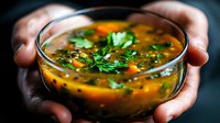 Hands gently holding glass bowl of hearty vegetable soup with fresh herbs and colorful ingredients for comfort food and healthy eating concepts.