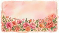 Watercolor floral border with pink and coral roses, peonies, and green foliage on soft peachy background. Isolated design element for invitations, cards, and decorative projects.