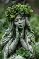 Stone garden statue with moss and plants growing on it, creating a serene, weathered appearance in a lush green garden setting. Perfect for garden decor inspiration.