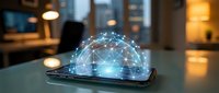 Smartphone displaying holographic global network sphere with glowing connections in modern office environment for technology and communication concepts.