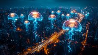 Glowing jellyfish-like structures float above illuminated city streets at night, creating surreal urban landscape with bioluminescent elements and light trails from traffic.