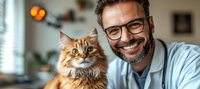 Happy mature Caucasian man with glasses and beard holding ginger Maine Coon cat in cozy home environment with natural lighting.