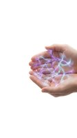 Cupped hands holding glowing purple energy streams on white background for spiritual healing and wellness concepts.