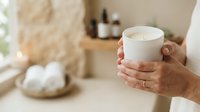 Person with medium skin tone holding white scented candle in modern bathroom setting with spa essentials, aromatherapy products, and natural light for wellness and relaxation lifestyle content.