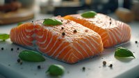 Fresh raw salmon fillets garnished with basil leaves and black peppercorns on light surface, close up view of prepared fish portions for cooking.