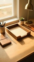 Warm sunlight illuminates organized wooden desk with document tray, brass lamp, succulent plant and office supplies creating productive workspace atmosphere.