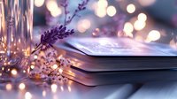 Purple lavender sprig resting on open book pages with soft glowing bokeh lights creating dreamy atmospheric mood, romantic literature concept for reading and relaxation.