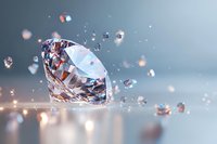 Brilliant cut diamond with scattered fragments against soft blue background, sparkling with light reflections and bokeh effects creating luxurious atmosphere.
