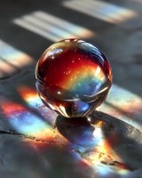 Crystal glass sphere reflecting rainbow light spectrum through window prism effect on dark surface with colorful light dispersion patterns.
