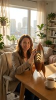 Smiling businesswoman holding wooden rocket trophy in modern apartment office with city view and plants celebrating startup success achievement.
