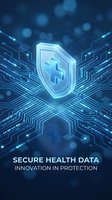 Digital healthcare cybersecurity shield with medical cross symbol on futuristic circuit board background representing data protection and secure medical technology.