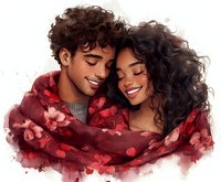 Young multiracial couple wrapped in red floral blanket sharing intimate moment, with curly hair and gentle smiles, watercolor style romantic illustration.