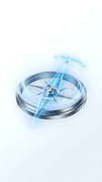 Modern compass with glowing blue light beam pointing to true north on white background for navigation and direction concepts.