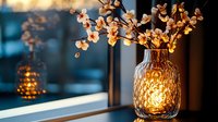 Glowing glass vase with cherry blossoms on windowsill at dusk, warm candlelight illuminating delicate spring flowers against blurred evening cityscape background.