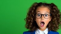 Young Hispanic girl with curly hair and glasses showing surprised expression, mouth open in astonishment against green background. Isolated portrait for advertising.