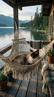 Siamese cat relaxing in macrame hammock on wooden lakeside cabin porch with mountain forest view during golden hour sunset for peaceful vacation retreat lifestyle.