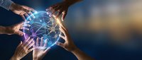 Business team hands protecting glowing digital network sphere with connected nodes representing teamwork, collaboration and data protection in modern technology.