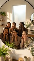 Group of diverse young women applying skincare products together in modern bathroom mirror reflection for beauty wellness routine and self-care lifestyle.