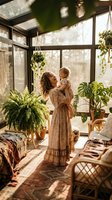 Young mother holding baby in sunlit greenhouse conservatory filled with lush green plants and hanging ferns creating warm family bonding moment at home.