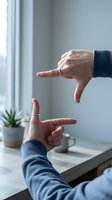 Male hands forming rectangular frame gesture in modern office workspace for creative planning and vision concepts.