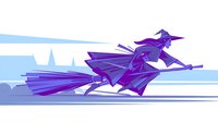 Purple witch riding broomstick in dynamic flying pose against blue sky background, stylized magical character with flowing robes and pointed hat in motion.