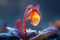 Delicate orange flower bud covered in morning dew drops glowing in sunrise light against dark blue background, creating magical natural macro photography moment.
