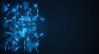 Abstract blue digital technology background with glowing circuit board patterns, hexagonal shapes and bright light effects for modern tech designs.