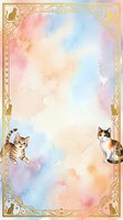 Watercolor frame with cute cats and golden ornate border on pastel background for greeting cards, invitations and decorative designs.