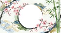 Asian-inspired circular frame with cherry blossoms, bamboo and traditional wave patterns on white background for spring design projects.