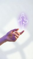 Open hand releasing glowing meditation figure in lotus pose with purple light energy aura against soft cloudy background for wellness concepts.