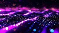 Glowing purple and blue digital wave landscape with bokeh lights and particle effects flowing across starry dark background. Abstract technology concept.