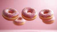 Pink frosted donuts with colorful sprinkles floating in air against soft pink background, creating dreamy composition with gentle shadows for food marketing.