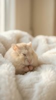 Adorable sleeping hamster nestled in soft white knitted blanket with cozy bedroom background for pet care and comfort concepts.