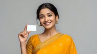 Young South Asian woman in bright yellow sari with gold embroidery holding blank business card against gray background, smiling warmly.