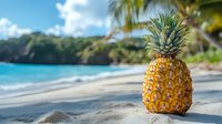 Fresh ripe pineapple on sandy tropical beach with turquoise ocean water and palm trees in background, perfect for summer vacation and healthy lifestyle concepts.