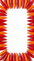 Red and orange chili peppers arranged in a vibrant frame border on white background with copy space for text or design.