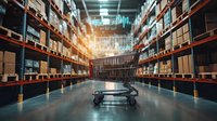 Empty shopping cart in large warehouse aisle with rows of cardboard boxes on tall shelves, dramatic lighting and perspective view showing logistics storage.