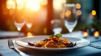 Fresh pasta with tomato sauce and basil garnish on white plate, romantic dinner setting with wine glasses and warm ambient lighting creating intimate atmosphere.