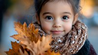 Young Hispanic girl with gentle smile holding autumn maple leaves, wearing cozy knitted scarf and sweater against soft bokeh background, capturing childhood innocence in fall season.