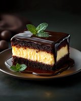 Decadent chocolate layer cake slice with creamy filling and glossy ganache topping, garnished with fresh mint on elegant plate for dessert menu design.