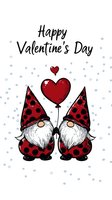 Cute gnome couple in red polka dot outfits holding heart balloon with Happy Valentine's Day text on white background with blue dots. Romantic holiday illustration.