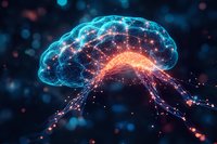 Glowing neural network in shape of human brain with connected nodes and synapses on dark background showing artificial intelligence concept.
