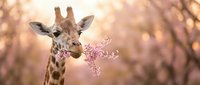 Young giraffe blowing magical pink sparkles in natural savanna setting with warm bokeh background, wildlife and fantasy concept for children's content.